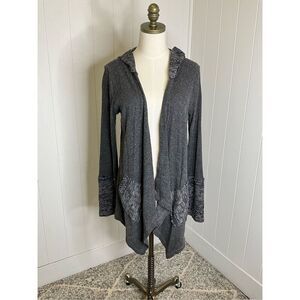 Oddy Women's M/L Grey Knit Open Front Hooded Cardigan Sweater Pockets Comfy